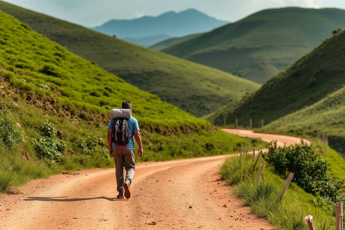 Casal em caminhada por estrada rural entre morros verdes