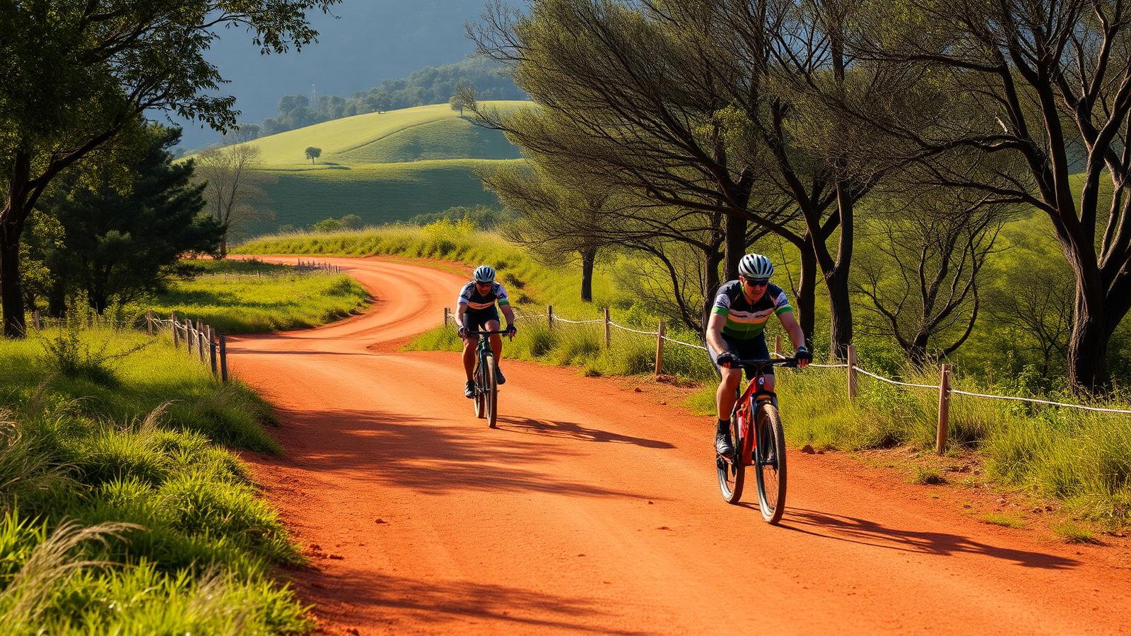 Ciclistas pedalando em estrada de terra rural perto do Sítio Sustentável
