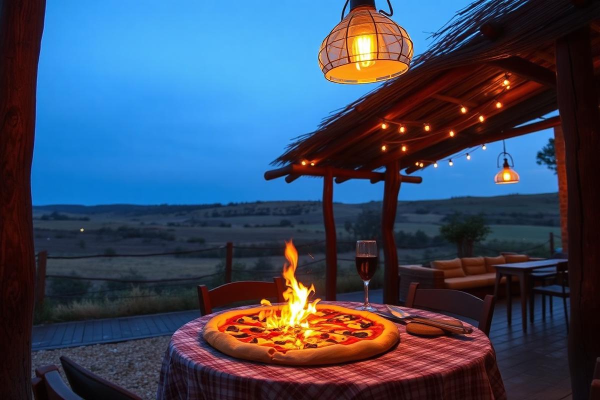 Pizzaria rural com forno a lenha e vista para o campo