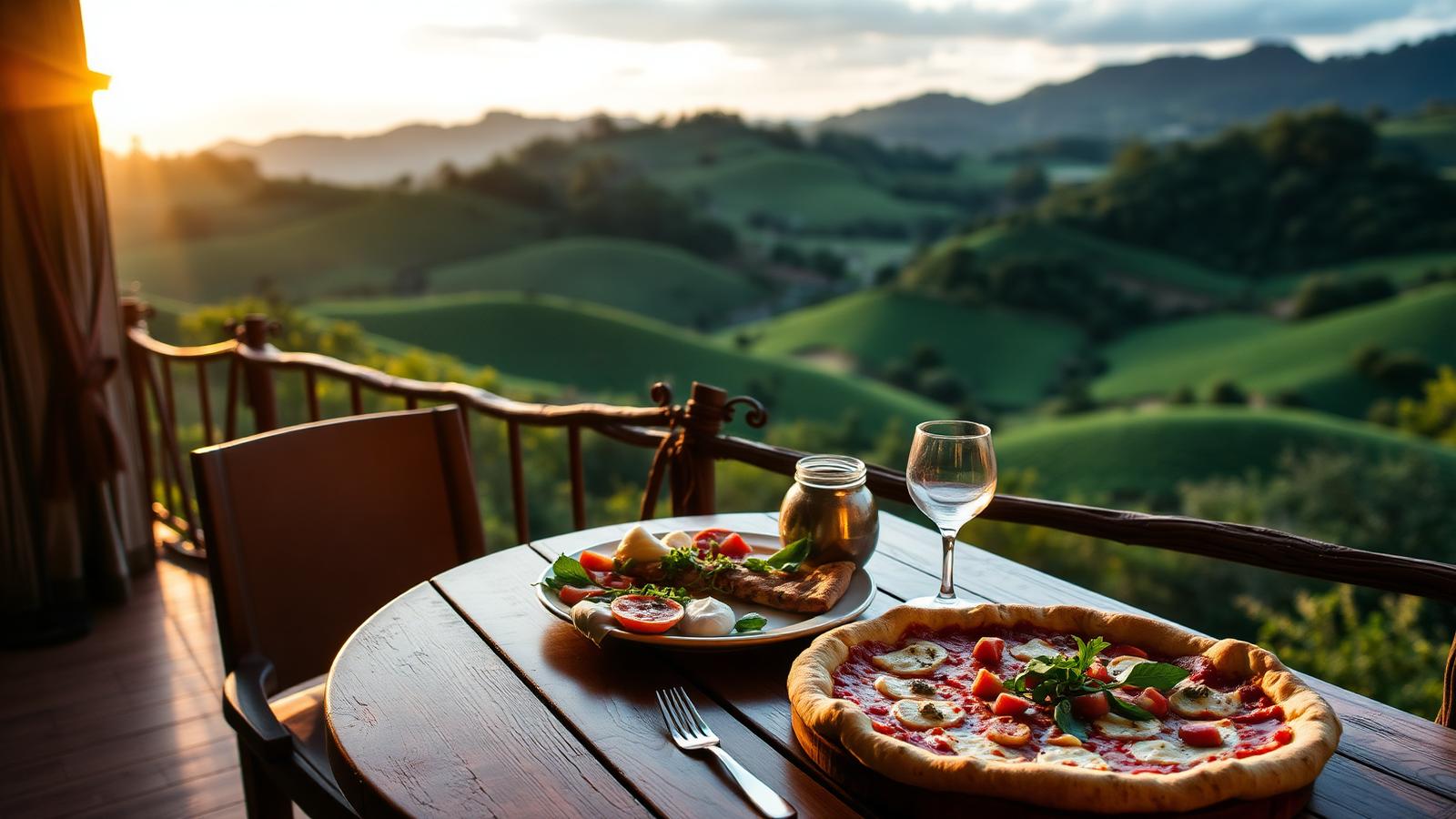 Mesa de restaurante rural com vista para as colinas de Sousas e Joaquim Egídio