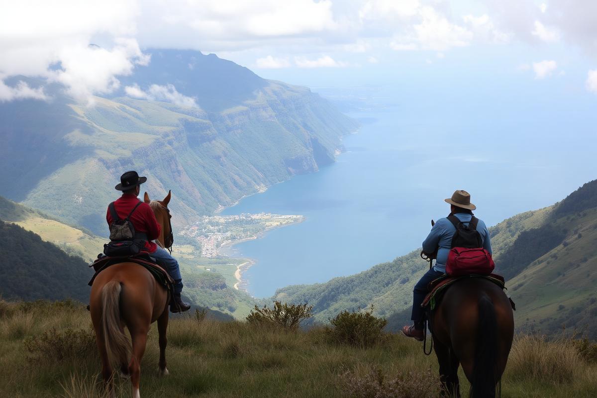 Cavalgada guiada em trilha com vista para a serra