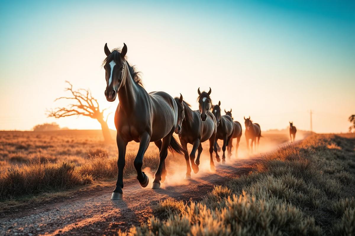 Cavalos em estrada de terra rural ao entardecer