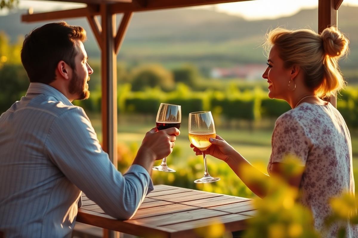 Casal brindando com vinho em varanda de vinícola